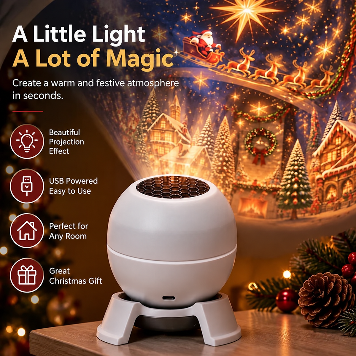 FestiGlow™ | Weihnachts-Projektionsnachtlicht – Wände & Decken in eine festliche Weihnachtswelt verwandeln