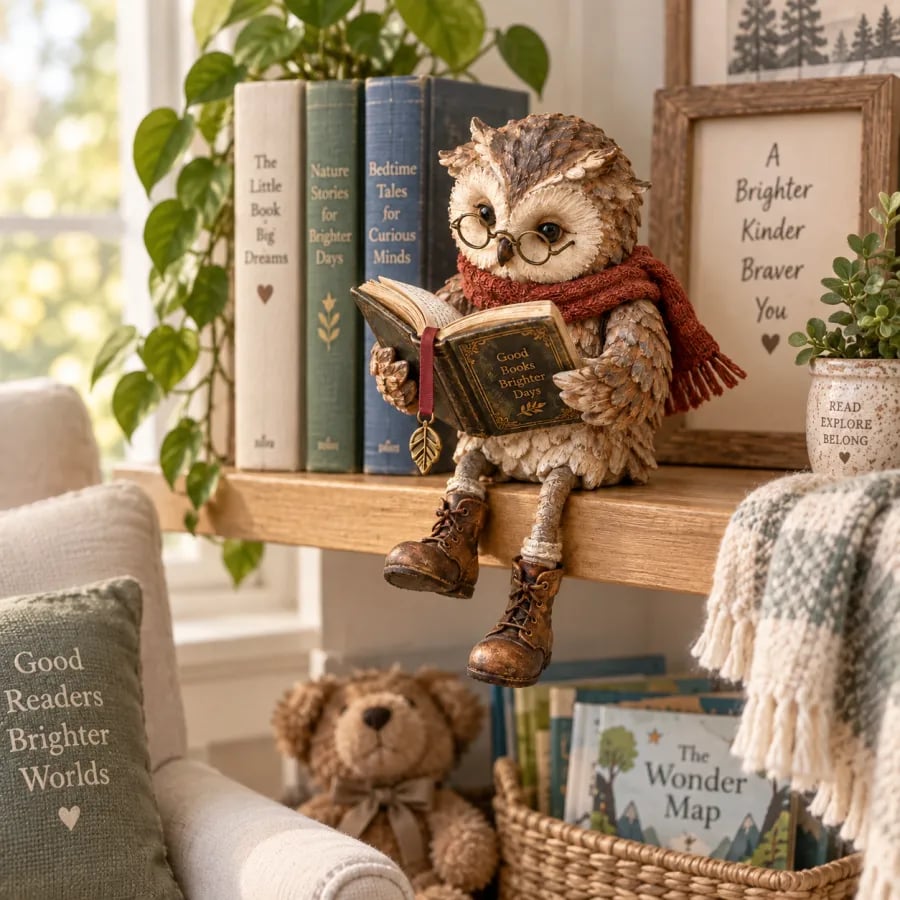 BookHaven™ Lesende Eulen-Dekoration | Charmanter Blickfang für Bücherliebhaber