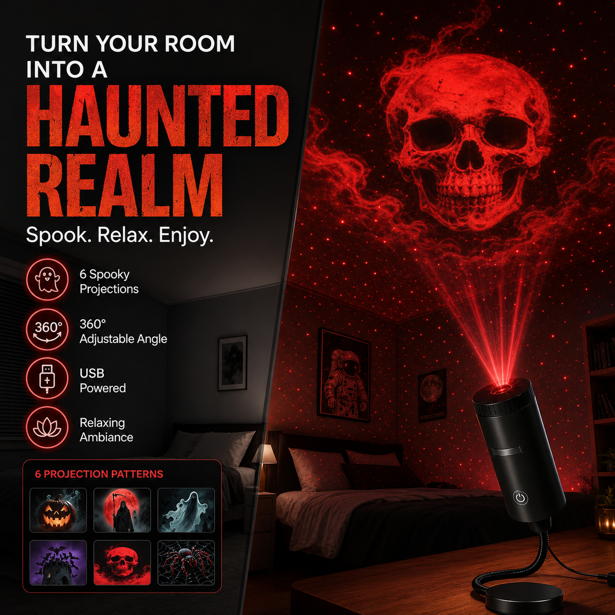 SpookLume™ HD Halloween-Projektor | 6 Gruselige Motive für Sofortige Halloween-Atmosphäre